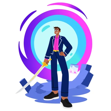 A time traveler wearing a sleek, futuristic suit stands confidently before a swirling portal. The portal is vibrant with a mix of blue, purple, and pink hues, creating a dynamic swirling effect. The time traveler holds a gleaming sword with intricate designs on the hilt, reflecting the colors of the portal. Their expression is determined, and their hair is slightly tousled, as if caught in the energy of the swirling portal. The ground beneath their feet is a mix of ancient stone and futuristic technology, adding contrast to the scene.