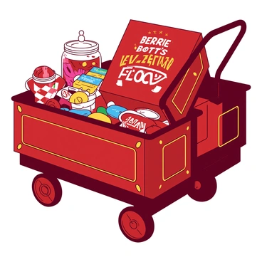 A red Hogwarts Express trolley is filled to the brim with magical sweets, including a large box of "Bertie Bott's Every Flavor Beans" prominently displayed at the front. The trolley has various compartments showcasing colorful packages of candies and chocolates. There are whimsical treats, such as a jar of "Fizzing Whizzbees" and a stack of "Chocolate Frogs" wrapped in shiny foil. The trolley features a polished wooden surface and gleaming metal wheels, with a backdrop hinting at the train's interior, complete with plush red seating and golden accents.