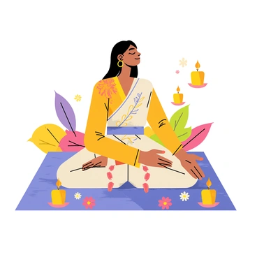 A character sitting cross-legged on a vibrant patterned mat. The character has long flowing hair and is wearing a loose, colorful robe adorned with intricate designs. Their eyes are gently closed, and a serene expression is on their face, emphasizing deep meditative thought. Around them, there are softly glowing candles and a few scattered flowers, adding a peaceful atmosphere to the scene. The background features abstract shapes in bright colors, further enhancing the tranquil mood.