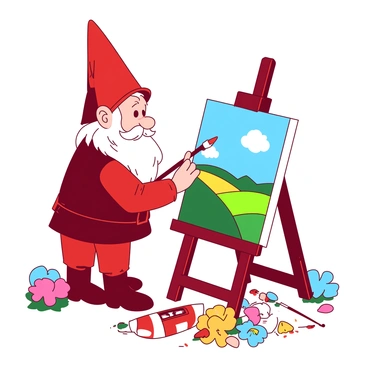 A red garden gnome stands beside a small white canvas easel. The gnome has a white beard and a pointed hat, focused on painting a landscape scene. The canvas displays a bright blue sky with fluffy white clouds and green fields. Beside the gnome, there is an assortment of paint tubes in various colors, scattered around the base of the easel. The ground is covered in vibrant flowers, adding a touch of color to the scene. The gnome holds a small paintbrush in one hand, carefully adding details to the painting.