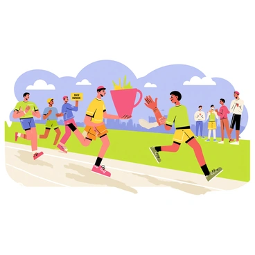 A relay race featuring enthusiastic participants running on a grassy track. Each runner is dressed in colorful athletic gear. The first runner is about to pass a giant, cartoon-style punch cup that is bright red with a large handle and filled with a colorful punch. The next runner is reaching out with both hands, ready to receive the cup while laughing. Spectators in the background are cheering and holding signs. A vibrant blue sky is visible above, adding to the lively atmosphere of the race.