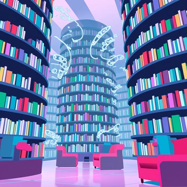 A grand library with towering shelves filled with an assortment of colorful books. Many of the books are gently floating off the shelves, suspended in the air as if caught in a magical breeze. Words, represented as glowing, translucent letters, are dancing around the library, swirling and intertwining in intricate patterns. The atmosphere is illuminated by soft, warm light, casting gentle shadows on the polished wooden floor. There are comfortable reading nooks with plush chairs and small tables, inviting visitors to sit and immerse themselves in the enchanting environment.