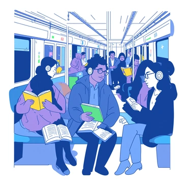 A busy subway train filled with diverse commuters. There are people of different ethnicities seated and standing, some are focused on reading books while others have headphones on, lost in their music. A woman with curly hair is engrossed in a bright yellow novel, while a man in a blue jacket is tapping his foot to the rhythm of his tunes. Nearby, a young girl with glasses flips through the pages of a classic book. The atmosphere conveys a sense of movement and energy as the train sways gently. Each commuter is absorbed in their own world, surrounded by the hustle and bustle of the urban environment.