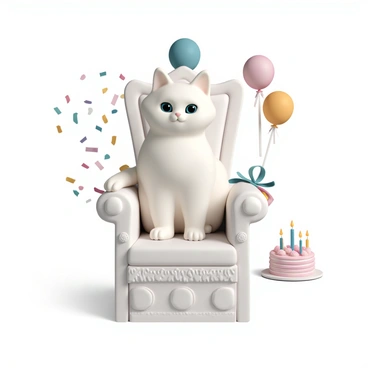 A fluffy white cat with striking blue eyes is sitting majestically on a decorated chair. The chair resembles a grand throne, adorned with colorful ribbons and balloons. The seat cushion is plush and features intricate patterns. The cat sits upright, with its tail curled elegantly around its paws, gazing confidently forward. The background includes scattered confetti and a small birthday cake on a nearby table, with lit candles waiting to be blown out.