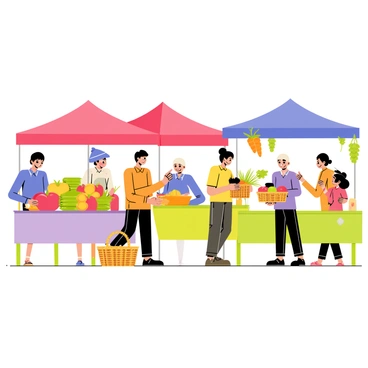 A bustling farmers' market filled with vendors and customers. Colorful tents in red, blue, and green are set up, each displaying various fresh produce. On one table, "vibrant red tomatoes" are stacked high next to "crisp green cucumbers." Another vendor showcases "golden apples" in a wicker basket surrounded by "bright orange carrots." Farmers are engaged in conversation, exchanging goods and smiling. A customer holds a "basket filled with assorted fruits and vegetables," while a child points excitedly at a "bunch of grapes" hanging from a nearby stand. The scene is lively, showcasing the sense of community and the exchange of goods.