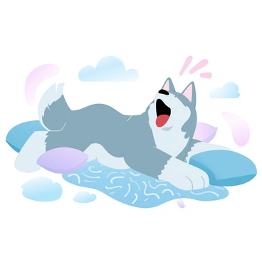 A husky dog with a thick fur coat is lounging on a soft, fluffy rug. The husky is in a relaxed position, stretching out as it yawns widely. The rug is intricately patterned, adding texture to the scene. Surrounding the husky are a few plush cushions that enhance the cozy atmosphere. The lighting is warm and inviting, creating a comfortable setting for the dog.