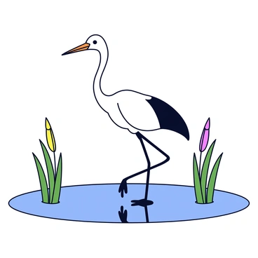 A graceful crane standing in a bog, its long neck elegantly extended. The crane has a white body with black markings on its head and wings. It is surrounded by tall green reeds and cattails that rise above the water's surface. The reflection of the crane and the plants can be seen in the calm water of the bog.