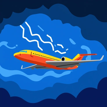 A Boeing 727 flying through a turbulent thunderstorm, surrounded by dark, swirling clouds. The aircraft is depicted with its wings extended and engines visible, cutting through the dense rain. Bright flashes of lightning illuminate the scene, striking down in the background. Raindrops are visibly cascading against the cockpit windows, creating a sense of movement and drama. The atmosphere is charged with energy, emphasizing the intensity of the storm.