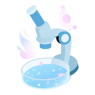 A microscope is positioned over a petri dish filled with a gelatinous substance. The petri dish is teeming with various shapes and clusters of bacteria, some appearing as small round dots while others are elongated or spiral-shaped. The background shows hints of the microscope's metallic components, creating a scientific atmosphere. A soft gradient of pastel colors subtly illuminates the scene, emphasizing the different forms of the bacteria.