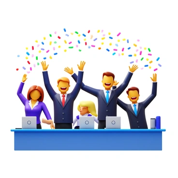 A group of office workers, dressed in business attire, are joyfully throwing colorful confetti into the air. The scene captures a moment of celebration, with smiles on their faces as they enjoy the excitement of a successful merger. In the background, there are desks with computers and office supplies, adding context to the workplace setting. The confetti is a mix of vibrant colors, creating a festive atmosphere. The workers are interacting with each other, some with raised arms, as the confetti falls around them.