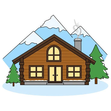 A cozy wooden chalet with a sloping roof, made of dark timber and featuring large windows. The chalet is positioned at the base of tall, snowy mountains that rise majestically in the background, their peaks capped with white snow. The structure has smoke curling from a chimney, indicating a warm fire inside. Around the chalet, there is a light dusting of snow on the ground and a few evergreen trees scattered nearby, their branches heavy with snow. The scene conveys a sense of warmth and tranquility amidst the winter landscape.