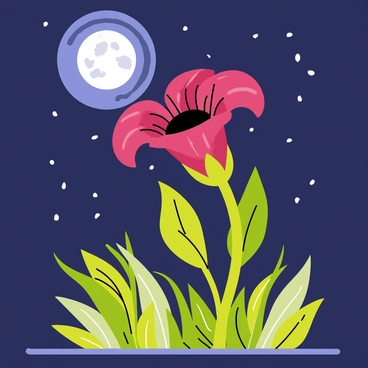 A "corpse flower" with a large, dark maroon bloom is positioned prominently in the center of a garden. The flower is illuminated by a bright "full moon" hanging in the night sky, casting silvery light across the scene. Surrounding the corpse flower are various green leaves and plants, with subtle shadows created by the moonlight. The background features a deep blue sky scattered with faint stars, enhancing the nighttime atmosphere of the garden.