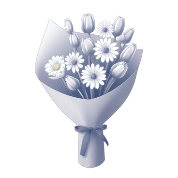 A bouquet of various flowers arranged together. The flowers include roses, daisies, and tulips, each with distinct shapes and sizes. The stems are gathered tightly and wrapped in rustic brown paper, with the ends of the paper slightly flared out. The bouquet is positioned upright, showcasing the different blooms, with some petals slightly overlapping. The overall arrangement conveys a sense of freshness and natural beauty.