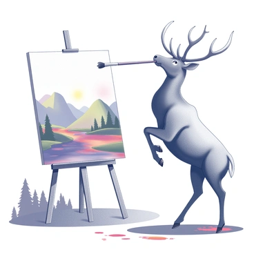 An elk standing upright on its hind legs. It is holding a large paintbrush in its mouth. The elk is positioned in front of a blank canvas set on an easel. The canvas is filled with an intricate, colorful scene that showcases a vibrant landscape. The elk is captured in the act of painting, with splashes of color around its hooves and on the ground. The setting includes a natural backdrop of trees and mountains.