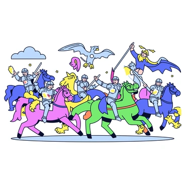 A battle scene featuring knights in shining armor charging forward, wielding swords and shields. The knights are mounted on powerful horses, galloping into the fray. In the foreground, a large dragon with green scales and fiery breath is engaged in combat with a knight, who is bravely raising his sword. Nearby, a griffin with majestic wings swoops down from the sky, its sharp talons ready to strike. In the background, other knights face off against various mythical creatures, creating a dynamic and intense atmosphere filled with action. The sky is filled with dark clouds, adding to the dramatic tension of the scene.