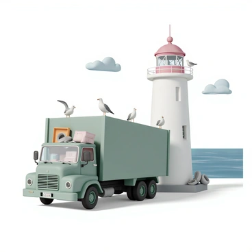 A large junk truck, painted in faded green, is parked next to a tall, white lighthouse with a red top. The truck is filled with assorted items, including old furniture, tires, and scrap metal. Several seagulls, with white feathers and gray wings, are perched on the roof of the truck and the edge of the lighthouse. The sea stretches out in the background, with gentle waves lapping at the shore, and a clear blue sky above with a few fluffy clouds.