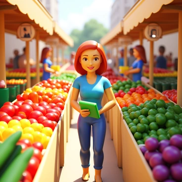 A woman named "Marie" is exploring a lively farmers market. She is surrounded by an assortment of "colorful fruits and vegetables," including bright red tomatoes, yellow bell peppers, and green cucumbers. Stalls are filled with neatly arranged produce, showcasing vibrant oranges, lush greens, and deep purple eggplants. The market is bustling with other shoppers, some chatting, while others are selecting their favorites. Sunlight casts a warm glow over the scene, highlighting the fresh, appealing colors of the produce.