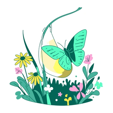 A teal butterfly is emerging from a white chrysalis, which hangs delicately from a slender green stem. The butterfly's wings are partially unfolded, showcasing intricate patterns. Surrounding the chrysalis, there is a vibrant field of wildflowers in various shapes and sizes, including cheerful yellow daisies and soft pink clovers. The wildflowers sway gently in a light breeze, creating a dynamic scene full of life and color. The sunlight filters through the flowers, casting a warm glow on the butterfly as it begins its journey into the open air.