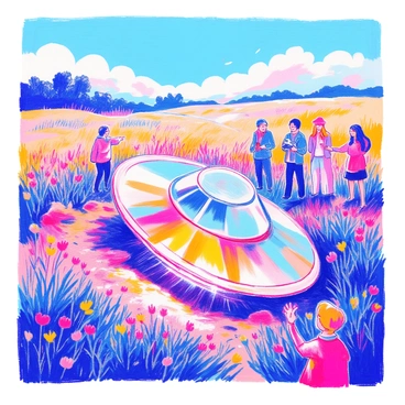 A UFO is depicted crash-landing in an open field, with a metallic, saucer-shaped object resting partially buried in the grass and dirt. The craft has a glowing, pulsating light emanating from its underside. Around the UFO, a group of curious onlookers is gathered, including a diverse mix of people: a man in a blue jacket, a woman holding a camera, and children pointing excitedly. In the background, the field is filled with wildflowers and tall grass under a clear blue sky. The scene captures the moment of awe and intrigue as the onlookers observe the strange occurrence.
