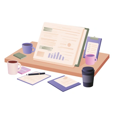 A digital flat illustration featuring an open client proposal document displayed prominently on a wooden desk. The document has visible text and graphs, showing detailed information. Surrounding the document are several coffee cups in various colors, including a white ceramic cup and a travel mug with a black lid. There are multiple notepads scattered around the desk, some with lines and others with a checkered pattern, all in different colors. A pen rests beside the document, adding to the organized but busy appearance of the workspace.