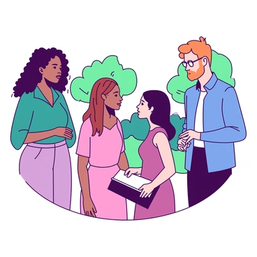 A group of diverse individuals is standing in a semi-circle, each showcasing distinct features and backgrounds. There are two women in the foreground: one is a tall woman with dark curly hair wearing a teal blouse, and the other is a shorter woman with straight black hair dressed in a pink dress. Next to them, a man with light brown hair in a blue shirt gestures while listening actively. Further back, there is a person with vibrant orange hair wearing glasses, holding a notebook. The semi-circle formation allows each individual to be visible, creating an inclusive atmosphere. In the background, there are trees and greenery, enhancing the setting.