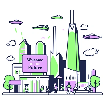 A bustling futuristic city is filled with flying cars zipping through the sky. Towering skyscrapers rise high into the atmosphere, showcasing a mix of unique architectural designs. Some buildings have angular shapes, while others feature smooth, rounded edges. The skyline is interrupted by a massive central structure that stands out above the rest. Below, streets are lined with people and activity, as pedestrians move about, some stopping at vibrant storefronts. A large billboard displaying the words "Welcome to the Future" is prominently featured on one of the skyscrapers. The sky is filled with an array of flying vehicles, each with distinct shapes and sizes, creating a dynamic scene.