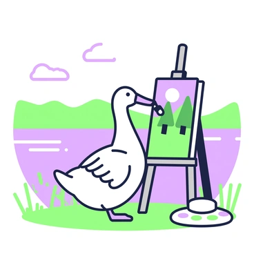 A goose with feathers in shades of white and gray is standing in front of an easel, actively painting a landscape scene. The easel is positioned on the shore of a lake, with gentle ripples reflecting the surroundings. The goose is using a brush held in its beak, applying green and purple paint on the canvas, showcasing trees and a sky. A palette with additional colors rests on the ground nearby. In the background, there are rolling hills and a few scattered clouds overhead. The scene conveys a tranquil atmosphere, with the lake's edge lined with grass and wildflowers.
