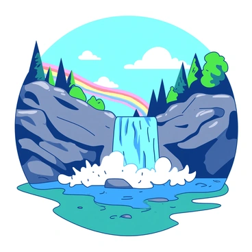 A vibrant blue waterfall is cascading down rugged gray rocks, surrounded by lush green trees. In the mist created by the crashing water, there are bright arcs of rainbow colors appearing. The sky above is a clear blue with a few fluffy white clouds, and the sun is shining brightly, illuminating the scene. The water at the base of the falls is a deep teal, creating a striking contrast with the rocks and foliage.