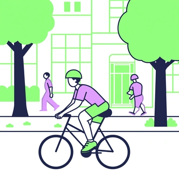 A person is riding a bicycle down a city street. The cyclist has short hair and is wearing a green helmet, a fitted shirt, and shorts. The bicycle is a simplistic design with two wheels and a handlebar. Lining the street are several trees with thick trunks and a full canopy, providing shade. In the background, there are buildings with windows and doors visible, along with a few pedestrians walking on the sidewalk. The street is paved, and there are small green patches of grass near the curb.
