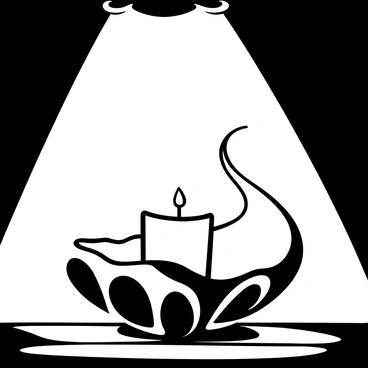 A decorative scallop shell positioned on a wooden table, with a small white candle placed inside it. The candle emits a warm glow, illuminating the curves and ridges of the shell. The background features soft shadows created by the shell and candlelight, enhancing the tranquil ambiance of the dim room.