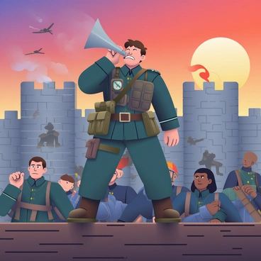A soldier with short brown hair and a stern expression is standing on a wooden barricade, blowing a silver horn to rally his troops during a siege. He is dressed in a weathered, dark green uniform adorned with patches and a belt holding various tactical gear. Behind him, several soldiers with diverse appearances are gathered, wearing matching uniforms and looking determined. The background features a chaotic scene of a medieval castle with gray stone walls, smoke rising from various points, and distant silhouettes of enemy forces approaching. The sky is a dramatic blend of deep orange and purple hues, indicating a setting sun.