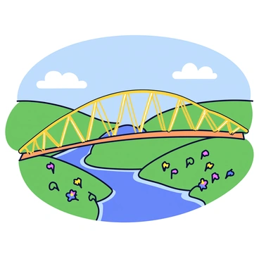 A bridge constructed from golden threads, intricately woven together, arching gracefully across a lush green valley. The valley is filled with vibrant flowers and a clear blue sky overhead. The golden threads shimmer in the sunlight, creating a sense of warmth and hope. The scene captures the essence of connection and belief, with the bridge standing as a central feature in the landscape.