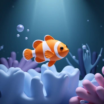 A vibrant clownfish, with bright orange and white stripes, swims gracefully among soft coral formations. The dim light of the twilight ocean creates a serene ambiance, illuminating the delicate textures of the coral in shades of blue and purple. Bubbles rise slowly around the clownfish, while faint beams of light filter through the water, enhancing the vibrant colors of the fish. The background features silhouettes of distant underwater plants, contributing to the tranquil oceanic scene.
