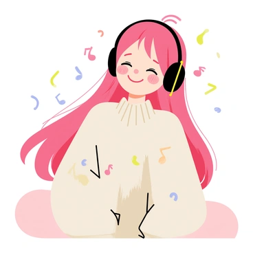 An anime girl with long, flowing pink hair is sitting comfortably. She is wearing large, black headphones that cover her ears. Her eyes are closed, showcasing a blissful expression on her face, with a gentle smile. She is dressed in a cozy, oversized sweater adorned with cute patterns. Surrounding her are musical notes floating in the air, emphasizing her enjoyment of the music she is listening to. The background features soft, pastel colors that enhance the peaceful atmosphere.