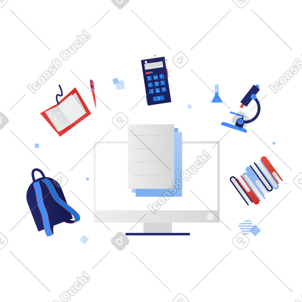 Distance learning essentials including computer, textbooks, and microscope illustration in Clip style download in PNG, SVG