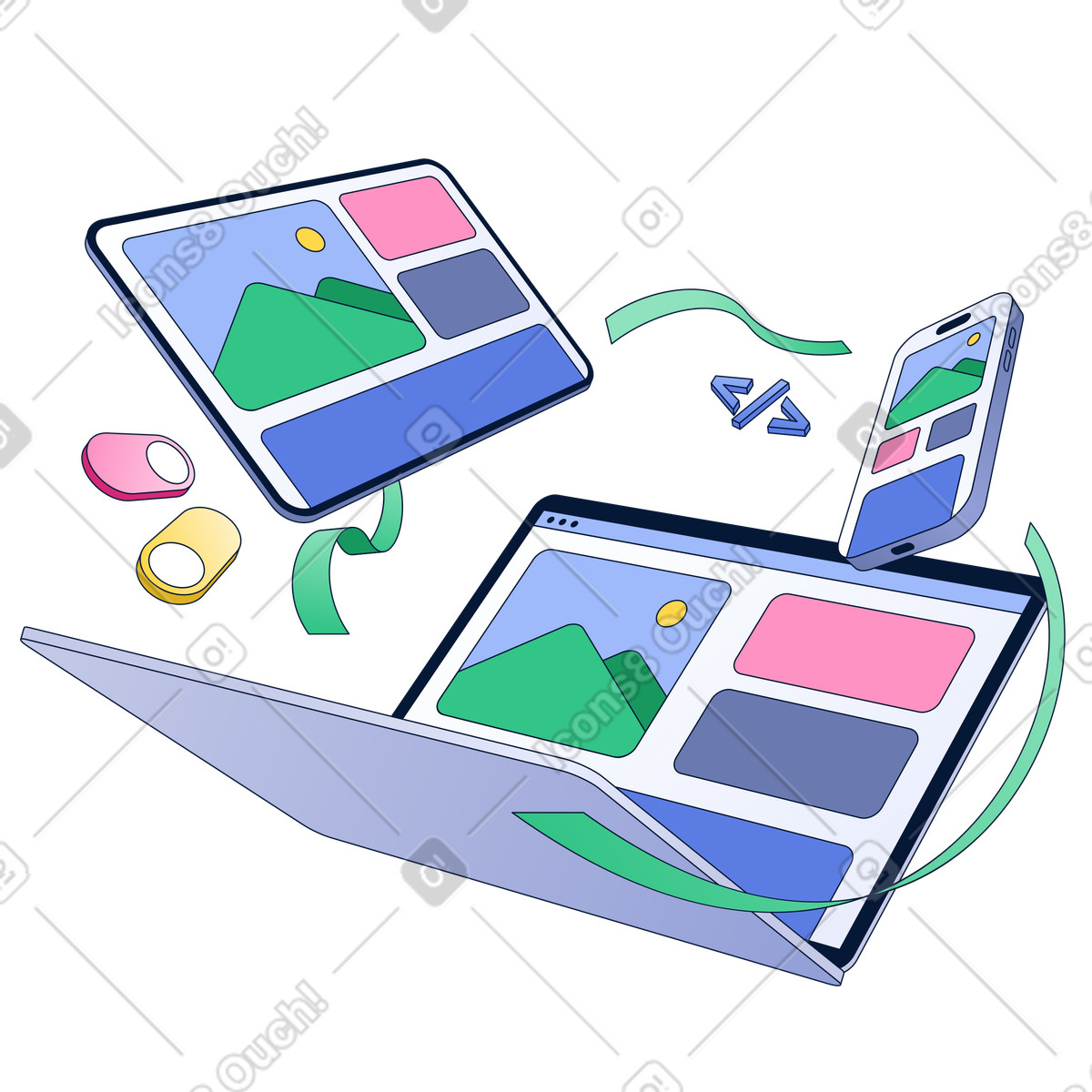 Laptop tablet and phone with synced screens, Multi-device compatibility, Cross-Platform Functionality animated illustration in GIF, Lottie (JSON), AE