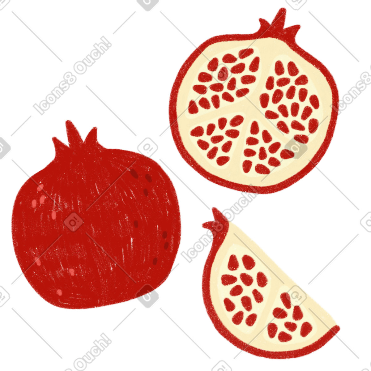 Ilustración Granada, media granada y un trozo de en estilo Cozy a descargar en PNG SVG