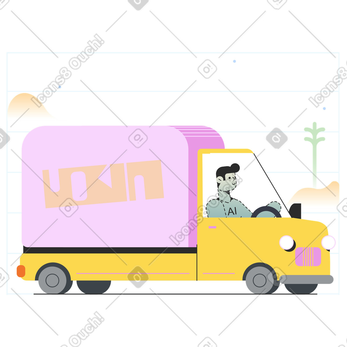 Ilustração de Veículo autônomo com ia dirigindo uma van em no estilo Marginalia para baixar em PNG, SVG