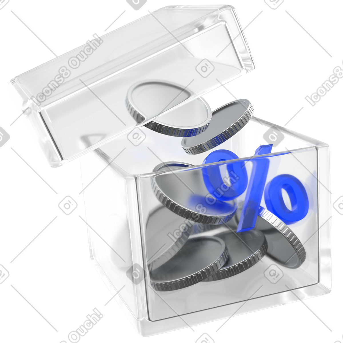 Discount savings box, Open transparent cash box with coins, Interest rates and banking offers illustration in PNG, SVG