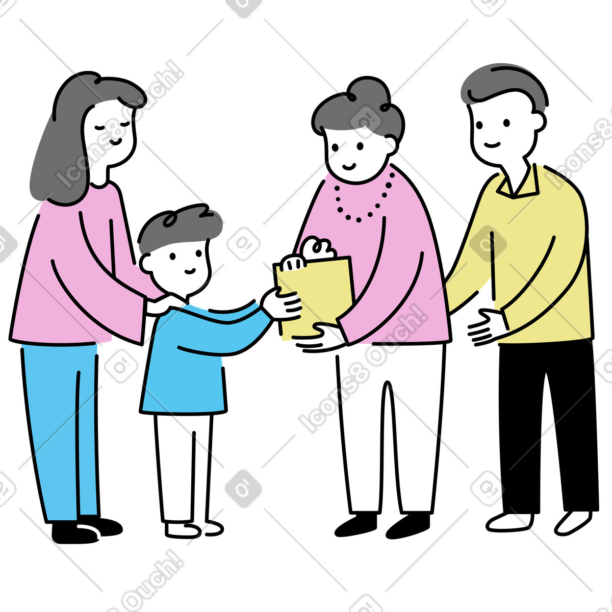Illustration Gift-giving between grandson and grandparents, Family celebration or gift exchange dans le style Mochi à télécharger aux formats PNG, SVG