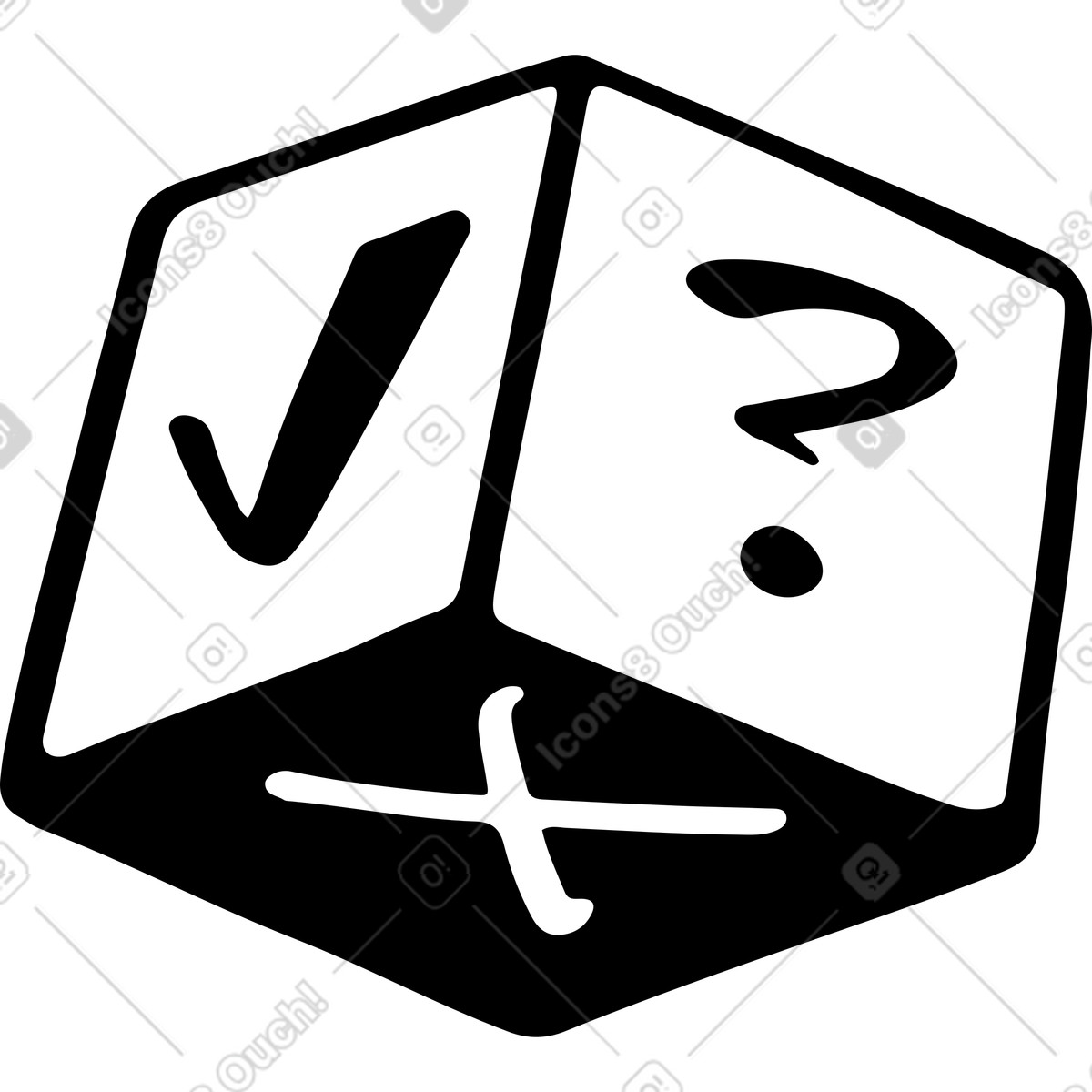 Illustration Cube avec coche, croix et question dans le style Line à télécharger aux formats PNG, SVG