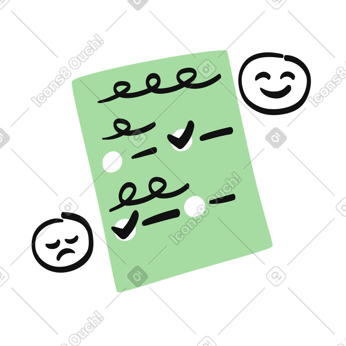 Иллюстрация Checklist task list with happy and sad feedback faces icons в стиле Organic — скачать в форматах PNG, SVG