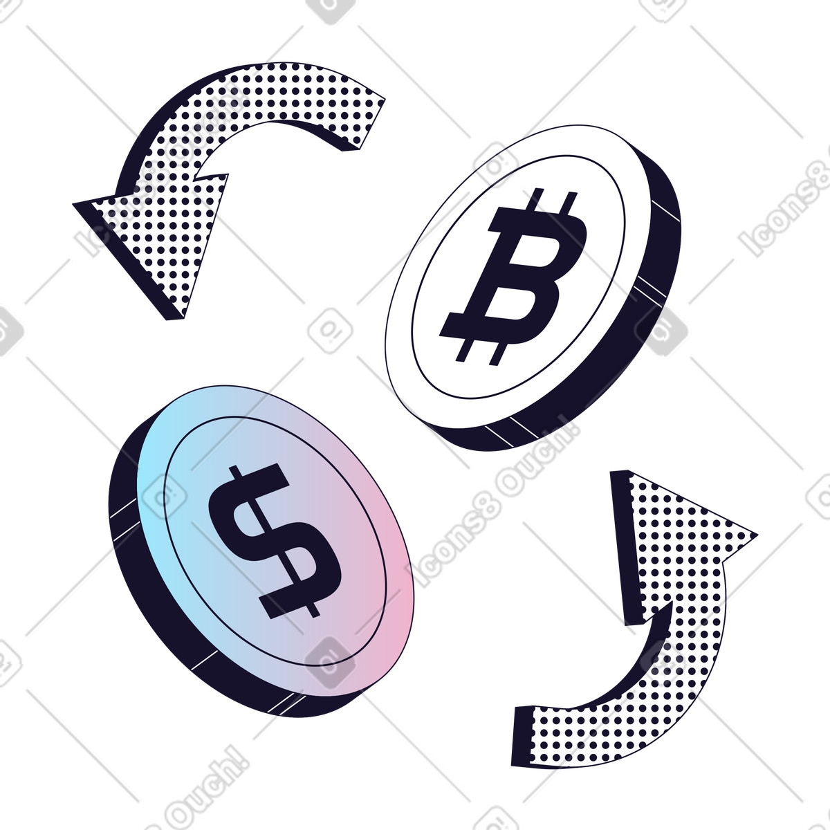 Conversione da bitcoin a dollaro, trading di asset digitali e cambio valuta illustrazione in stile Node scarica in PNG, SVG
