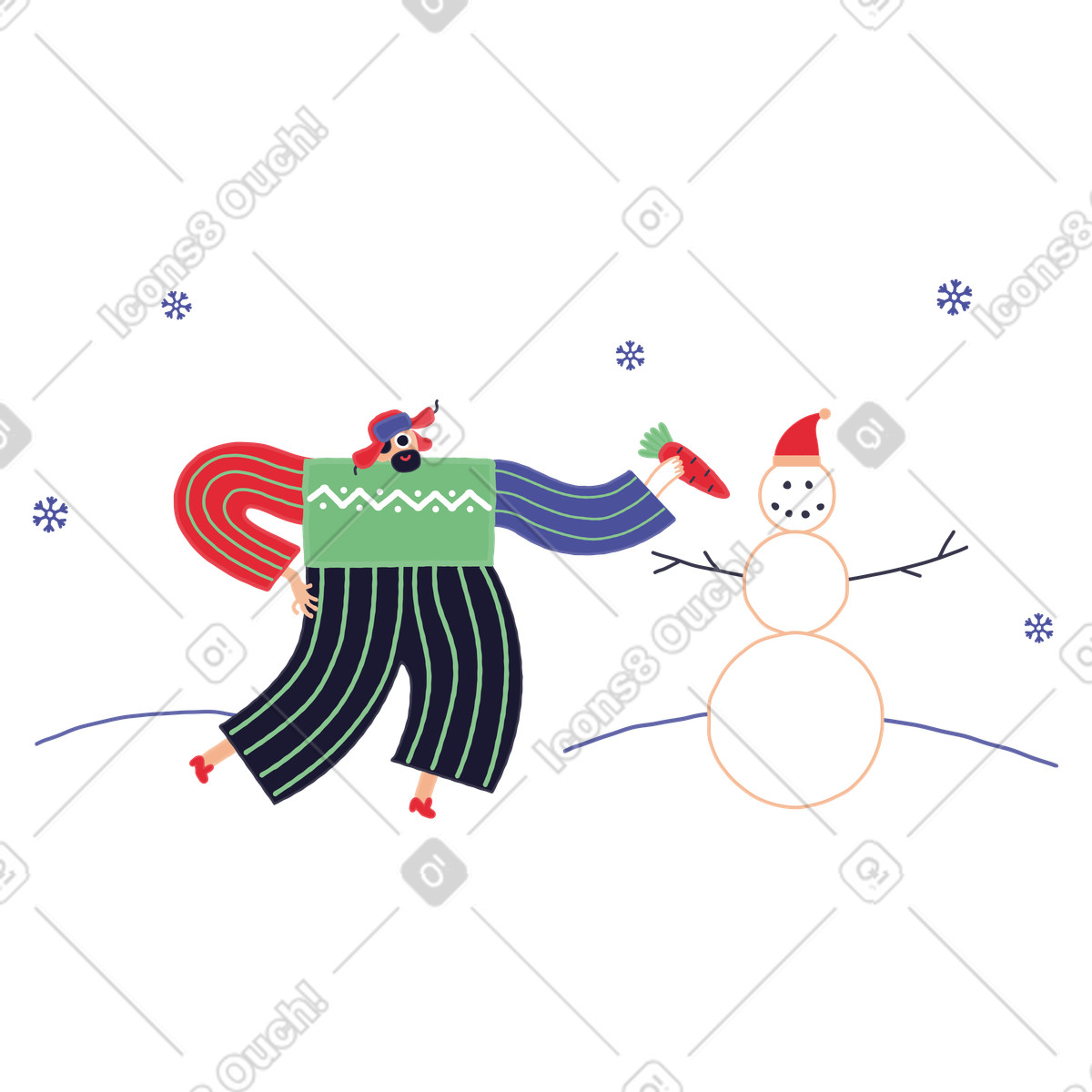 Stripy スタイルの 雪だるまの顔にニンジンを置く男性 のイラストをPNG、SVG形式でダウンロード