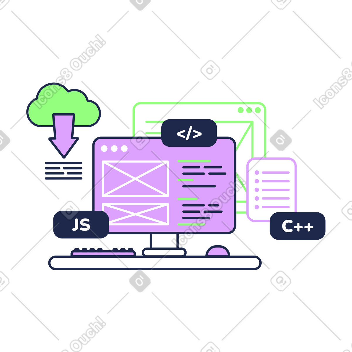 Web development and coding on PC, Software engineering or application creation illustration in PNG, SVG