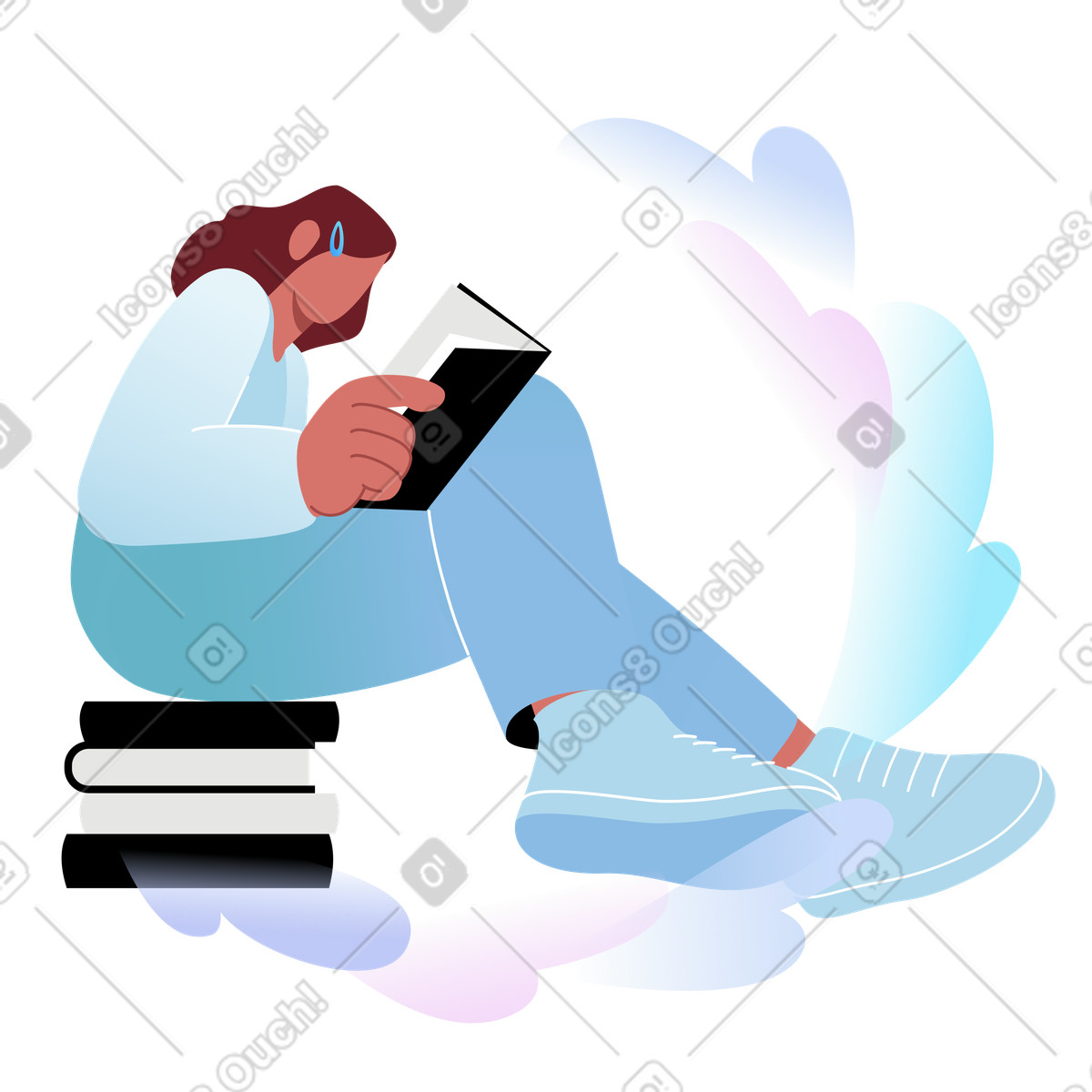 Student reading on stacked books illustration, showcasing curiosity in a clipart image PNG, SVG