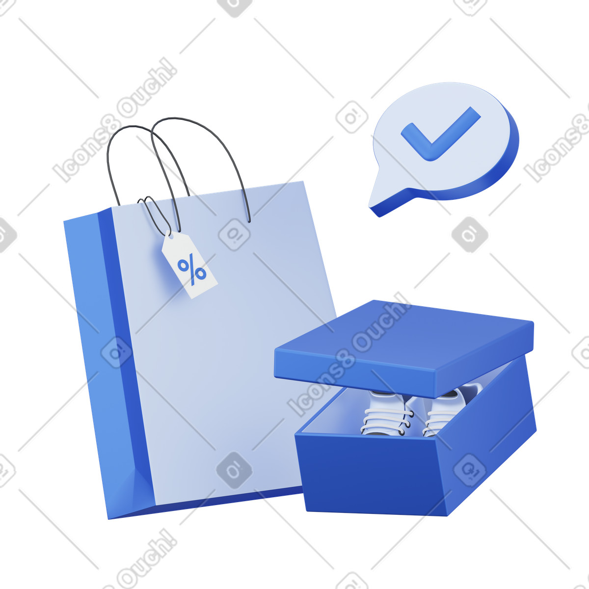Shopping bag and shoe box with check mark, Sale purchase confirmation animated illustration in 3D Techny style download in GIF, Lottie (JSON), AE