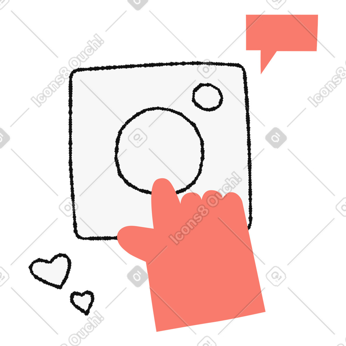 Ilustración Social media engagement with hand tapping camera icon en estilo Bold People a descargar en PNG y SVG