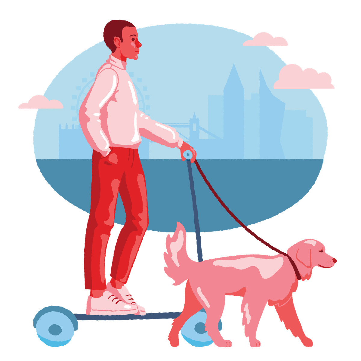 Cherry 스타일의 Man on kick scooter walks a dog 일러스트레이션 PNG, SVG 다운로드