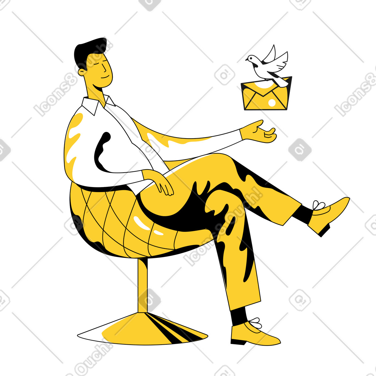 Taxi 스타일의 Relaxing in chair and receiving message from bird, Correspondence new email arrival 일러스트레이션 PNG, SVG 다운로드